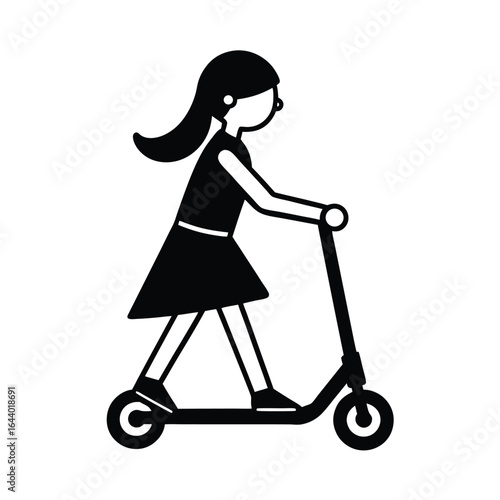 Black silhouette of a girl riding a scooter with ponytail child kick scooter