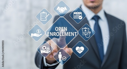 Professional businessman interacts with digital interface displaying Open Enrollment benefits and healthcare icons, signifying smart choices.