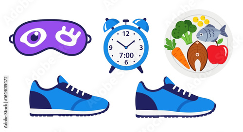 Healthy lifestyle essentials: sleep mask, alarm clock, nutritious meal, running shoes.