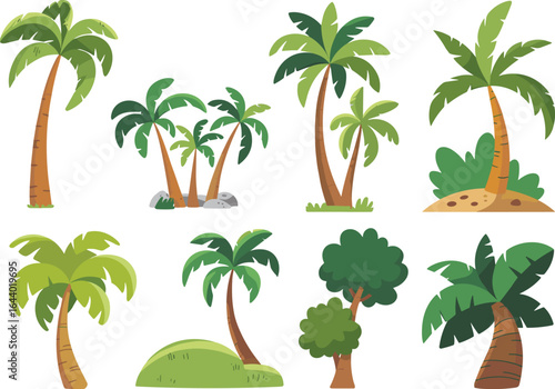 PrintCartoon palm trees collection, tropical tree illustration, jungle nature elements, coconut trees vector, summer island plants, exotic forest design