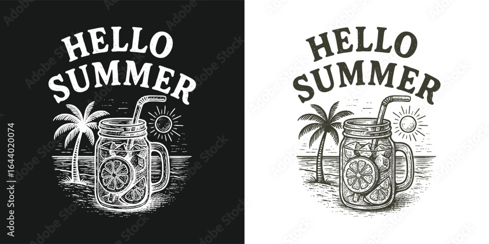 Obraz premium Hello Summer Vintage Lemonade Beach Palm Retro Tropical Drink Design