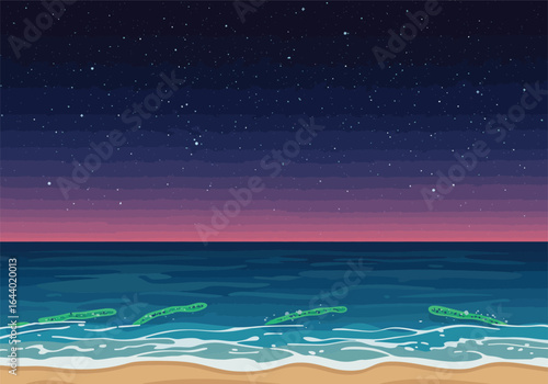 Serene nocturnal seascape with glowing ocean waves gently breaking on the sandy shore under a vast, star-filled night sky, evoking tranquility and natural beauty.