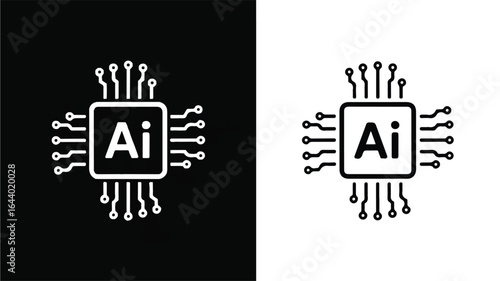 AI Chip Vector Icon Set on Black and White Backgrounds Representing Artificial Intelligence and Machine Learning Technology Advancements
