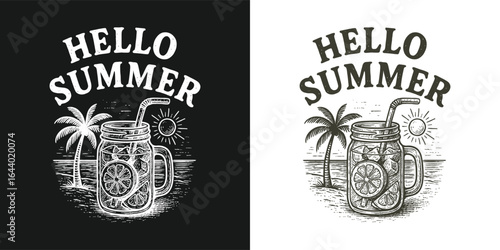 Hello Summer Vintage Lemonade Beach Palm Retro Tropical Drink Design