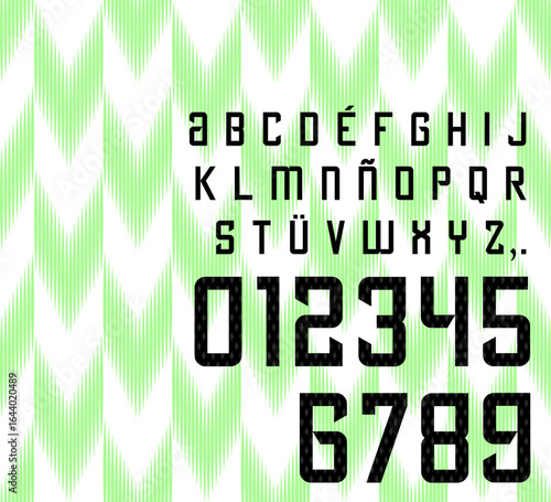 Vector modern uppercase alphabet and numbers with sharp geometric shapes and gradient lines in green and black. Stylish typeface for sportswear, fashion graphics and dynamic visual projects