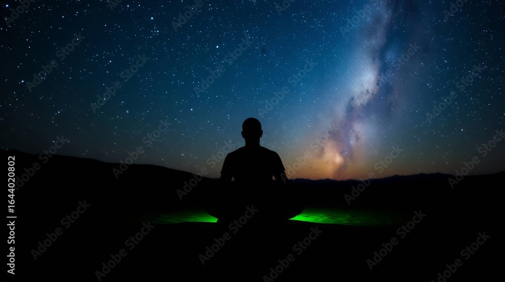 Fototapeta premium Stargazing Serenity: A solitary figure is silhouetted against a breathtaking night sky, illuminated by the radiant glow of the Milky Way and the serene sparkle of countless stars.