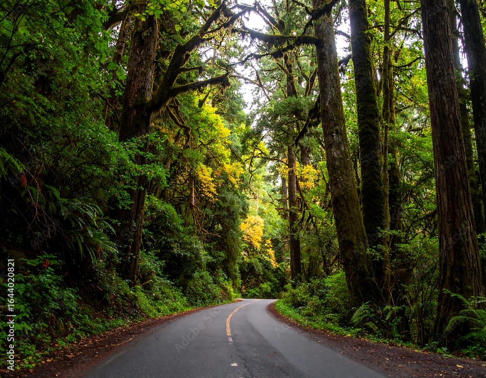 Fototapeta premium A winding road through a lush forest