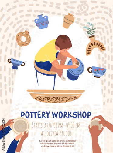 Pottery, workshop, ctramics flyer in flat design, hand drawn vector illustration.