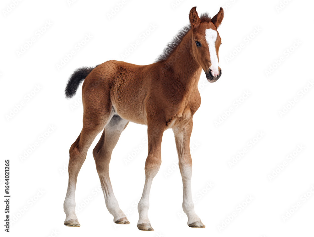 Obraz premium Beautiful young brown foal with white markings stands against black background