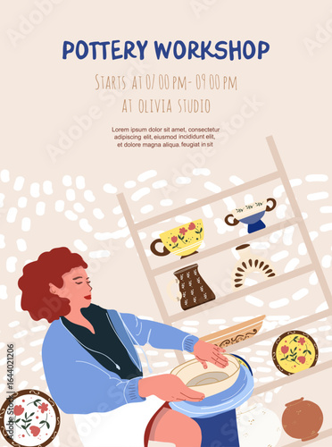 Pottery, workshop, ctramics flyer in flat design, hand drawn vector illustration.
