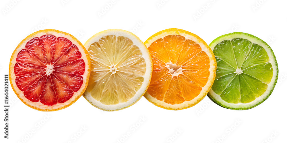 Obraz premium Four colorful citrus fruit slices including grapefruit, lemon, orange, and lime, isolated on transparent background