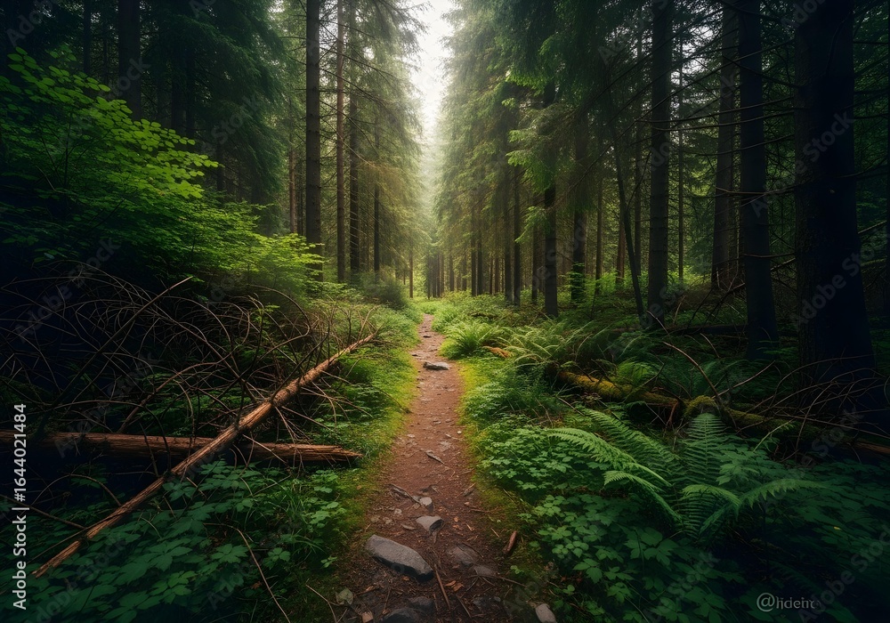 Fototapeta premium Sunbeams filtering through tall pine trees in dense forest with soft mist and golden highlights creating a serene morning atmosphere
