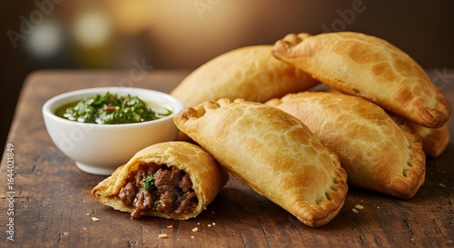 Golden Crispy Classic Beef Empanadas Filled With Savory Seasoned Meat And Served With Fresh Zesty Chimichurri Dipping Sauce – A Flavorful Latin American Comfort Food Favorite