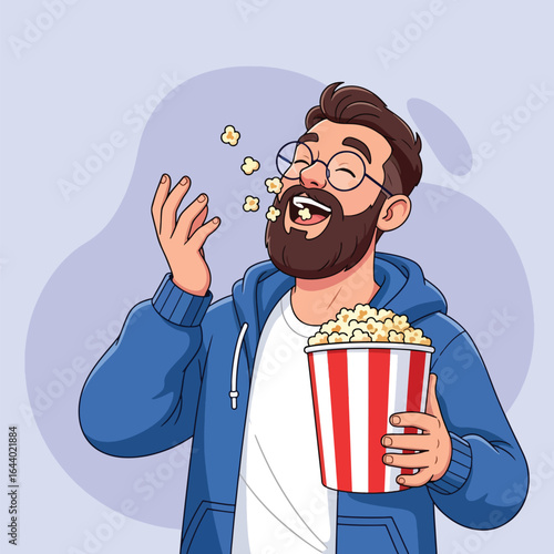 Happy bearded man cartoon illustration enjoying popcorn. Cheerful character in glasses and hoodie laughing while eating a snack from a bucket, vector design for cinema or leisure concept.eps