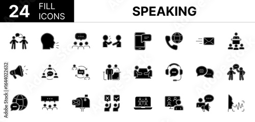 Collection of 24 Speaking, fill icons featuring editable strokes. These outline icons depict various modes of Speaking, talk, speech, chat, vector, speaking, person, head, symbol, mouth, people, 