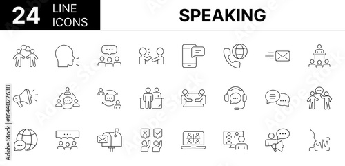 Collection of 24 Speaking, line icons featuring editable strokes. These outline icons depict various modes of Speaking, talk, speech, chat, vector, speaking, person, head, symbol, mouth, people, 