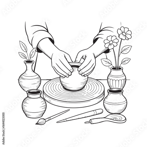 Artist s hands skillfully shaping clay on a potter s wheel with decorative vases