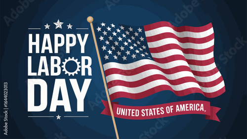 Happy Labor Day banner with waving American flag, red ribbon, and festive stars — honoring U.S. workers with patriotic holiday design