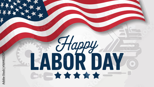 Happy Labor Day banner with waving American flag, gear and tool silhouettes, and gold stars — honoring U.S. workers with festive design