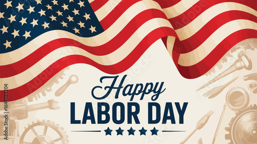 Happy Labor Day banner with American flag, tools, and gears on beige background — honoring workers with patriotic and industrial design