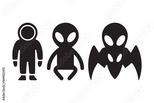 Three silhouettes of astronaut and aliens