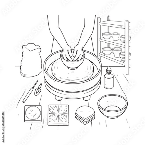Artistic depiction of a pottery wheel and supplies for ceramic creation