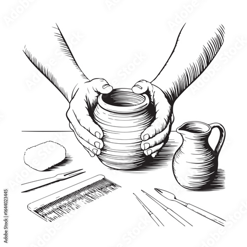Hands shaping a clay pot on a table with pottery tools