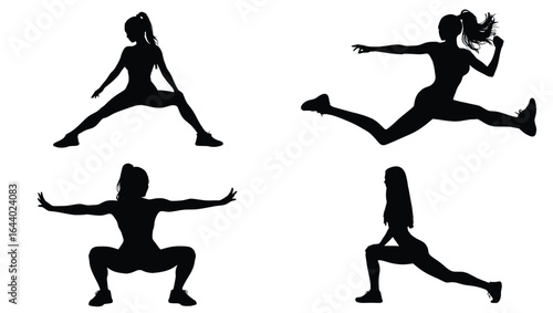 Black silhouettes of women in various fitness and workout poses, isolated on a white background