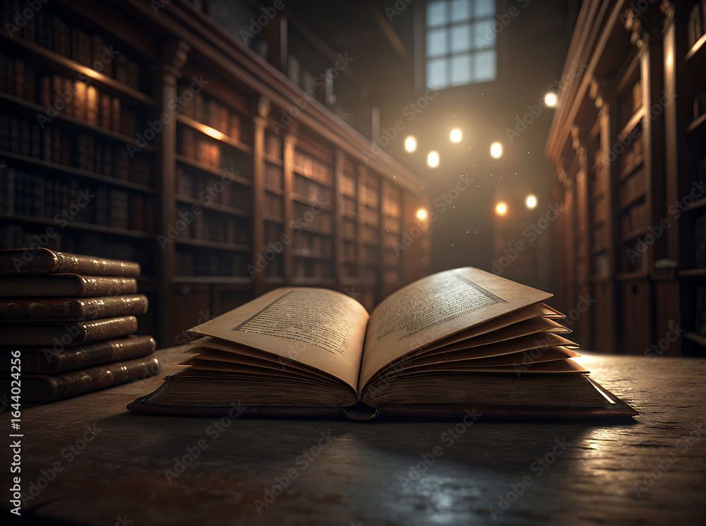 Antique Open Book in Historic Library with Soft Lighting