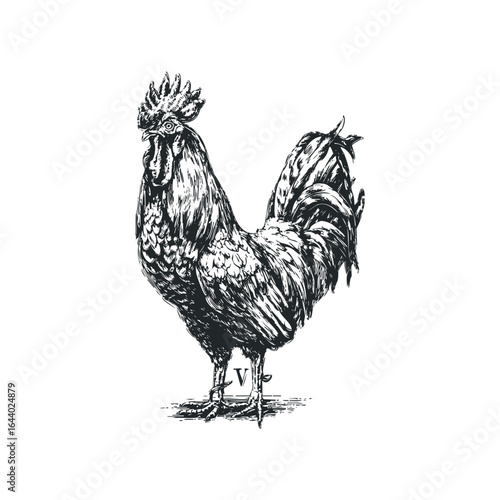 Detailed Sketch of a Majestic Rooster in Black and White