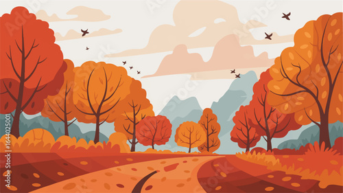 Autumn landscape illustration with colorful trees pathway mountains and birds creating a serene and picturesque fall scene