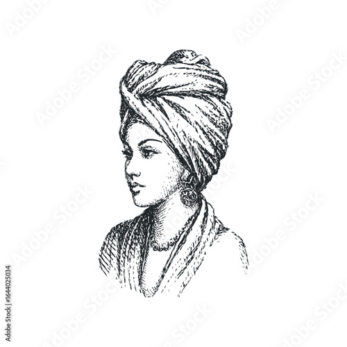 Sketch portrait of a woman wearing a turban and necklace