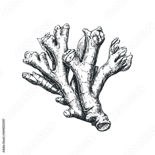 Ink drawing of a ginger root with textured surface and multiple segments