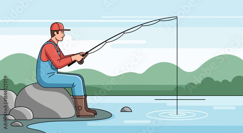 Cartoon illustration of a fisherman sitting on a rock fishing in a serene lake surrounded by mountains a tranquil scene for outdoor recreation
