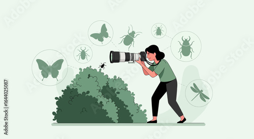 Cartoon illustration of a female entomologist taking pictures of insects with a professional camera in nature