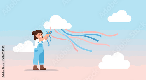 Cartoon illustration of a girl attaching ribbons to a cloud in a whimsical sky background