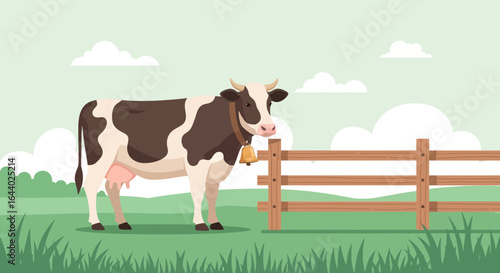 Cartoon illustration of a happy cow in a rural landscape with a wooden fence