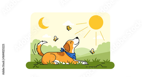 Cartoon illustration of a happy dog enjoying nature on a sunny day in a park