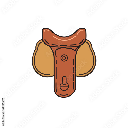 A flat illustration of a brown leather horse saddle.