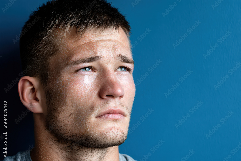 Fototapeta premium young man with tearstreaked cheeks embodies pure despair against clean solid background