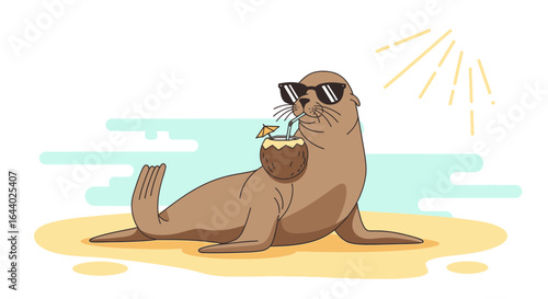 Cartoon sea lion wearing sunglasses drinking coconut cocktail on the beach for vacation illustration