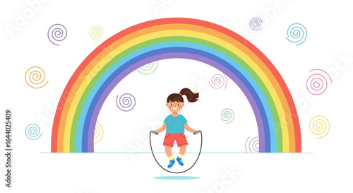 Cartoon illustration of a little girl with rainbow, enjoying the activity of jumping rope in joy