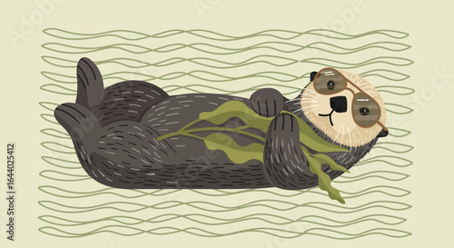 Cartoon sea otter chilling on its back with sunglasses enjoying life concept