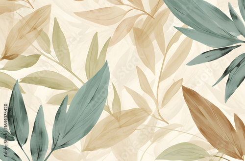 Soft watercolor botanical pattern with muted green and beige leaves