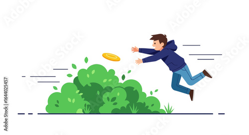 Cartoon Illustration of a Man Diving for a Flying Disc Behind a Bush in a Park