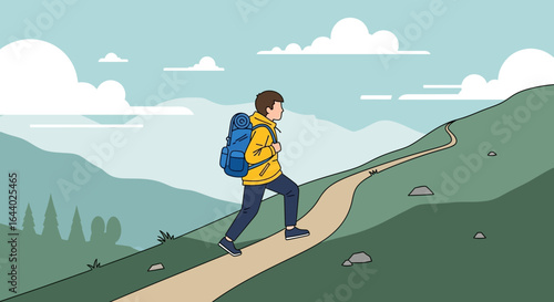 Cartoon illustration of a man hiking uphill with a backpack in a scenic landscape