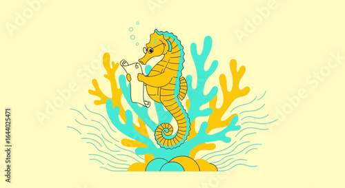 Cartoon seahorse with glasses reading a scroll amidst coral reefs on pastel background