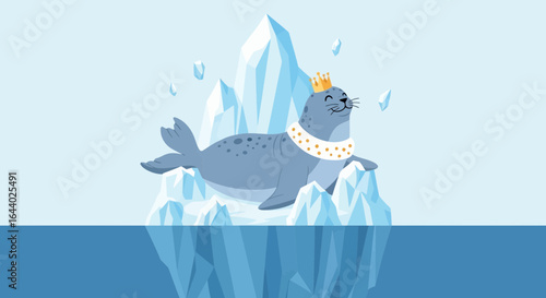 Cartoon Seal King on Iceberg in Arctic Ocean Representing Wildlife Conservation or Climate Change Awareness