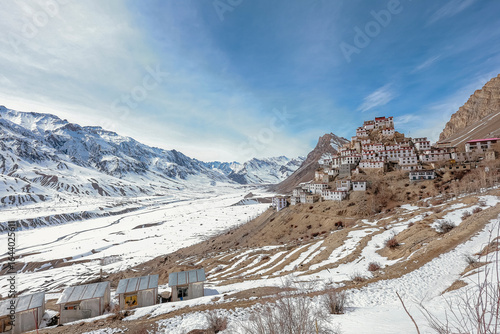 Picturesque view of the Key Gompa Monastery (4166 m) at sunrise. Spiti valley, Himachal Pradesh, India.