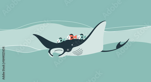 Cartoon Illustration of a Manta Ray with Smiling Fish Riders in a Calm Ocean Environment